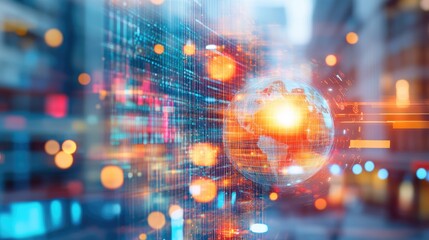 Abstract representation of a digital globe with vibrant lights and data streams illustrating technology and globalization in a modern urban environment