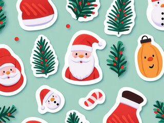 Colorful Christmas themed stickers featuring Santa, trees, and snowmen create festive atmosphere. Perfect for holiday decorations and crafts