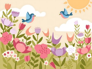 Obraz premium Colorful Flowers and Birds in a Sunny Meadow