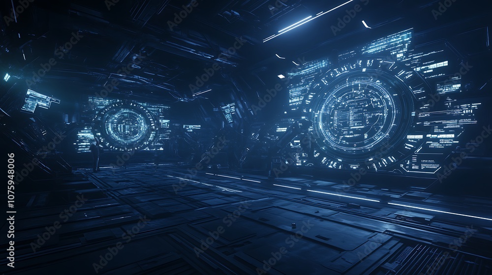 Poster a futuristic, dimly lit space filled with glowing blue holographic displays and advanced technology,