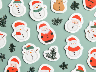 Cute Christmas stickers featuring snowmen, Santa Claus, and festive elements create joyful holiday atmosphere. Perfect for decorating gifts and cards