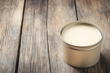 Palm oil shea butter. A metal tin filled with creamy substance sits on a rustic wooden surface, showcasing a simple yet appealing aesthetic.