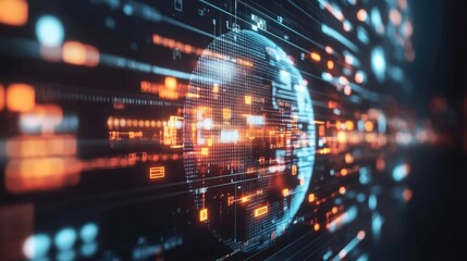 Abstract depiction of a digital globe surrounded by flowing data streams and glowing connections, illustrating the concept of technology and globalization in a modern world.