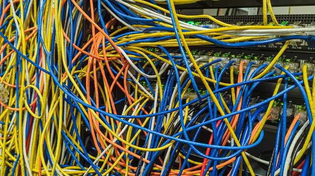Video clip of a mass of intertwined colorful Ethernet cables plugged into a stack of LAN switches with green blinking lights