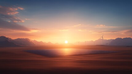 Fototapeta premium A serene sunset over a vast landscape featuring solar panels and a wind turbine against colorful clouds.