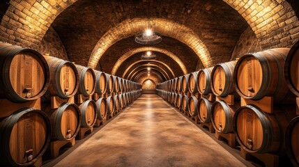 Oak wine barrels aging in a traditional cellar, creating a captivating perspective