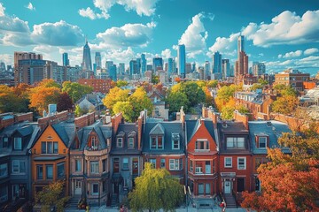 Colorful autumn trees framing cozy townhouses with philadelphia skyline rising in background