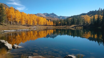 Obraz premium Autumn foliage reflecting in mountain lake with snow capped peaks