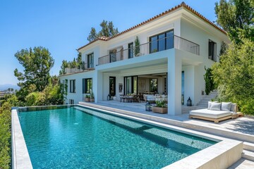 Fototapeta premium Luxury white villa overlooking swimming pool and offering panoramic views