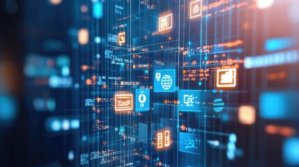 Fototapeta premium Vibrant Digital Interface with Floating Icons Representing Technology, Data, and Analytics in a Futuristic Network Structure with Blue and Orange Hues