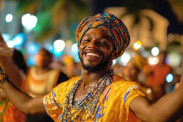 Brazilian man dancing with turbant and colorful necklace during carnival parade