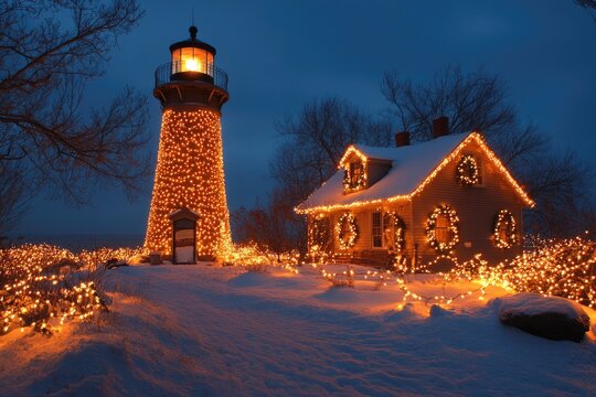 Christmas lights decorating lighthouse and house in winter night