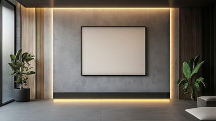 Modern Minimalist Interior with Empty Canvas, Stylish Plants, Contemporary Lighting, and Sleek Finishes in a Spacious Art Gallery Setting