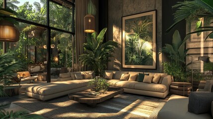 Fototapeta premium Elegant and Serene Indoor Living Space Featuring Lush Greenery, Natural Light, and Contemporary Furniture in a Tranquil Atmosphere