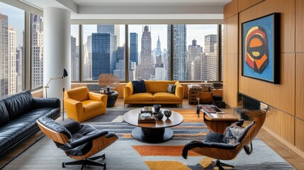Modern Urban Living Room with Spectacular Skyline View Featuring Stylish Furniture, Large Windows, and Vibrant Artwork in a High-Rise Building