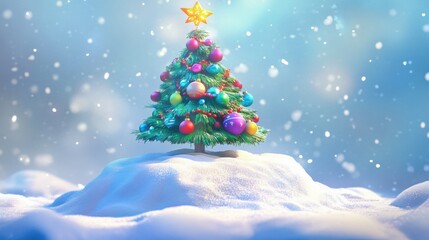 Obraz premium 3D cartoon-style illustration of a small, round snow mound with a festive, brightly decorated Christmas tree growing on top. The tree has colorful, oversized ornaments and cheerful, twinkling lights. 
