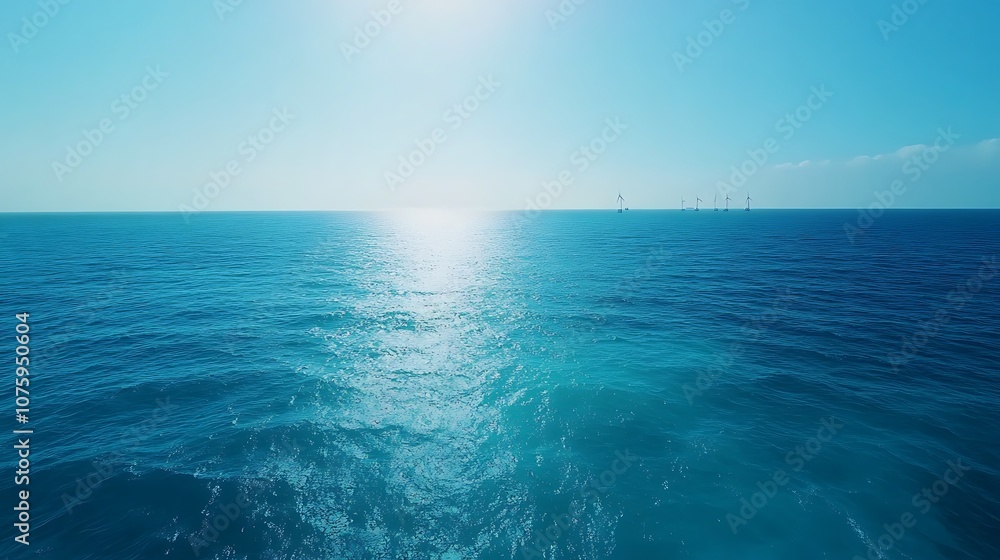 Poster a serene view of a sunlit ocean, shimmering blue waters extending to the horizon under a clear sky, 