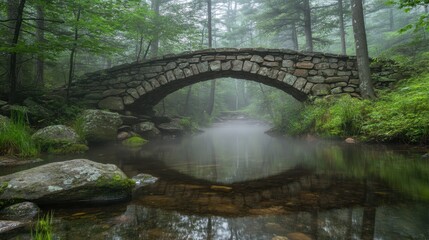 Fototapeta premium Serene Stone Bridge Arching Over Tranquil River in Foggy Forest - Nature Landscape Scene