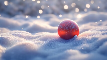 3D cartoon-style red, round Christmas ornament lying gently in the snow. The snow is soft and fluffy, with subtle sparkles, and the ornament’s shiny surface reflects the snowy surroundings.