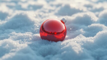 3D cartoon-style red, round Christmas ornament lying gently in the snow. The snow is soft and fluffy, with subtle sparkles, and the ornament’s shiny surface reflects the snowy surroundings.