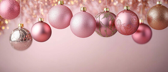 Hanging Christmas ornaments in shades of blush pink and gold against a smooth pastel pink background. Festive and serene, perfect for holiday celebrations and greeting cards.