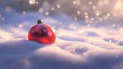 3D cartoon-style red, round Christmas ornament lying gently in the snow. The snow is soft and fluffy, with subtle sparkles, and the ornament’s shiny surface reflects the snowy surroundings.