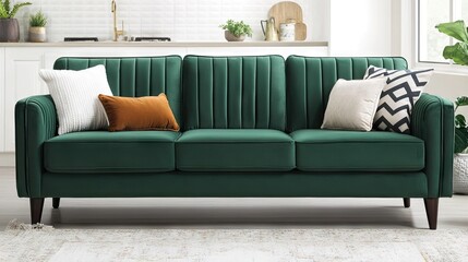 Fototapeta premium Stylish Green Couch with Modern Design and Comfortable Cushions in Bright Living Room Setting, Perfect for Home Decor and Interior Design Inspiration