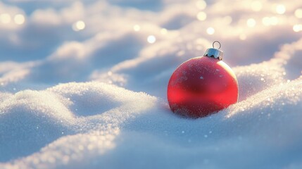 3D cartoon-style red, round Christmas ornament lying gently in the snow. The snow is soft and fluffy, with subtle sparkles, and the ornament’s shiny surface reflects the snowy surroundings.