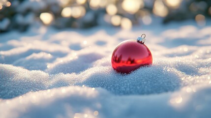 3D cartoon-style red, round Christmas ornament lying gently in the snow. The snow is soft and fluffy, with subtle sparkles, and the ornament’s shiny surface reflects the snowy surroundings.