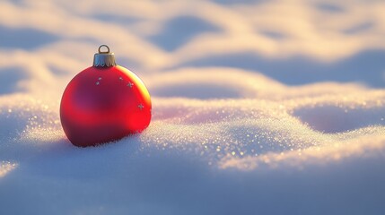 3D cartoon-style red, round Christmas ornament lying gently in the snow. The snow is soft and fluffy, with subtle sparkles, and the ornament’s shiny surface reflects the snowy surroundings.