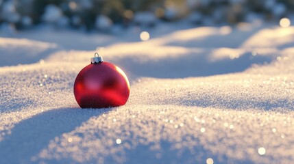 3D cartoon-style red, round Christmas ornament lying gently in the snow. The snow is soft and fluffy, with subtle sparkles, and the ornament’s shiny surface reflects the snowy surroundings.