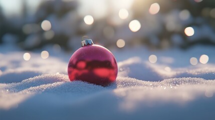 3D cartoon-style red, round Christmas ornament lying gently in the snow. The snow is soft and fluffy, with subtle sparkles, and the ornament’s shiny surface reflects the snowy surroundings.