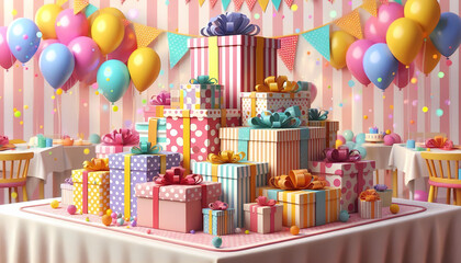 Colorful balloons, ribbons, and a gift box make a festive birthday celebration