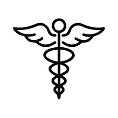 Caduceus medical icon with wings and staff, Vector illustration of a caduceus symbol featuring a winged staff with intertwined serpents, representing medicine and healthcare.
