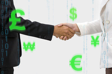 Two people in suit are shaking hand, symbolizing agreement and partnership, with numeric digits and various currency symbol scattered around.