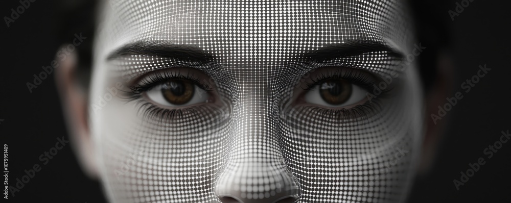 Poster a close-up of a face represented through a digital grid pattern, emphasizing the eyes and intricate 