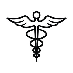 Caduceus medical icon with wings and staff, Vector illustration of a caduceus symbol featuring a winged staff with intertwined serpents, representing medicine and healthcare.
