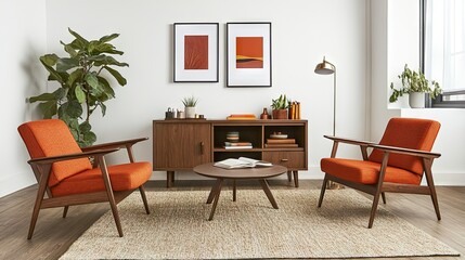 Cozy Modern Living Room Setup Featuring Stylish Orange Armchairs, Wooden Furniture, Green Plants, and Elegant Decorative Elements for a Welcoming Atmosphere