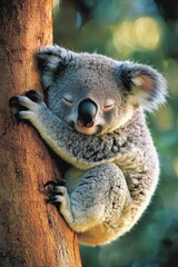 Obraz premium Adorable sleeping koala clinging to a tree trunk in a serene natural setting, showcasing its soft fur and peaceful expression in a vibrant Australian bush environment