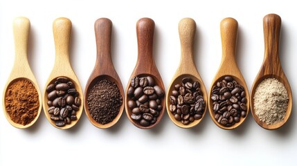 Seven wooden spoons filled with different types of coffee beans, grounds, and powder arranged in a row on a white background.