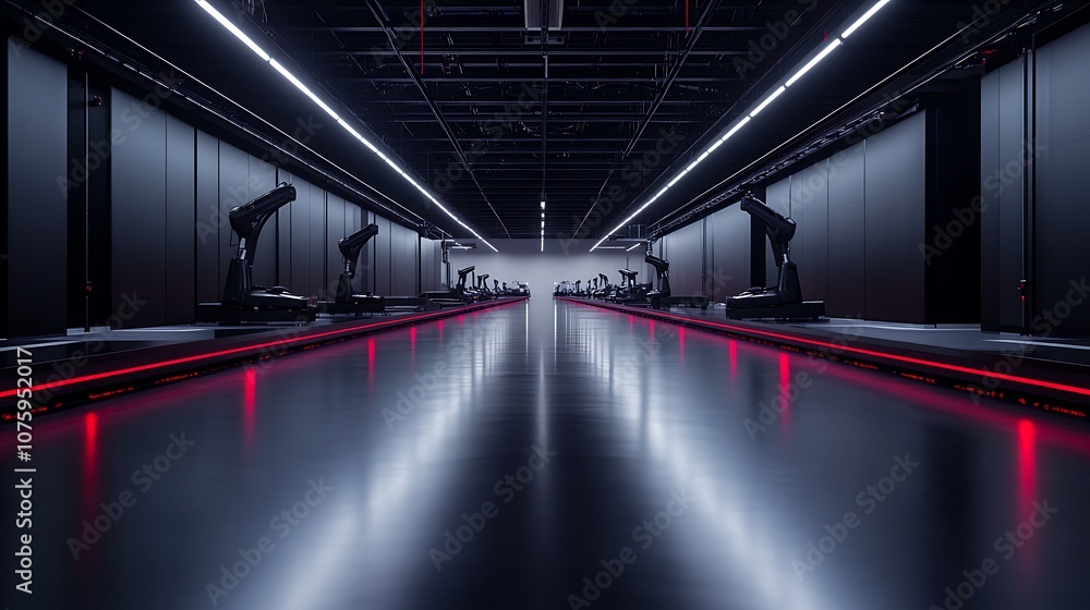 Poster a modern, high-tech warehouse featuring robotic arms on either side, illuminated by cool lights, cre