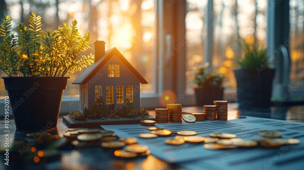 Poster a small model house sits on a desk with stacks of gold coins and paperwork in front of a window with