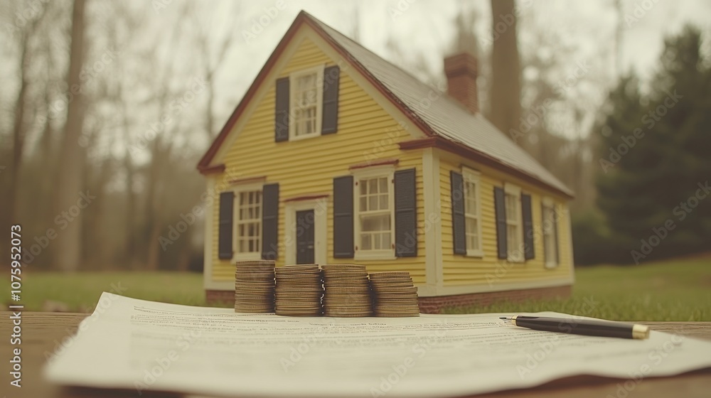 Poster a small model house sits on a document with a pen and stacks of coins in front of it.