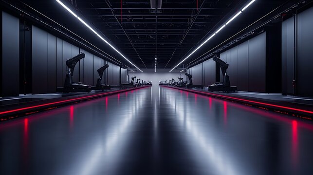 A modern, high-tech warehouse featuring robotic arms on either side, illuminated by cool lights, creating a futuristic atmosphere.