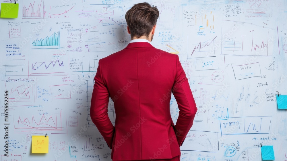 Poster a man in a red suit stands in front of a wall covered with charts and notes, contemplating data and 