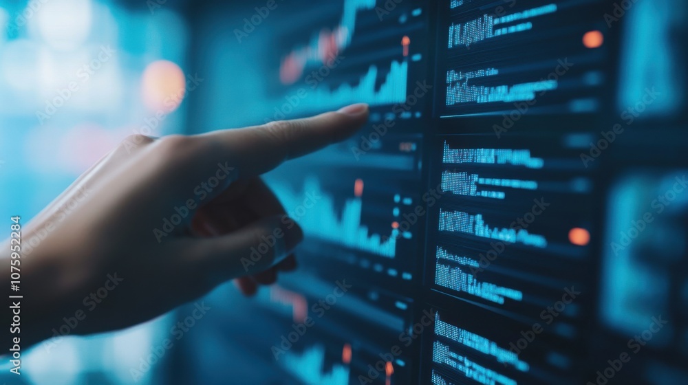 Poster a hand points at a digital display showcasing graphs and data, highlighting financial or analytical 