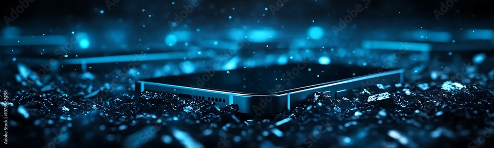 Leinwandbilder a futuristic smartphone rests on a shimmering surface, surrounded by glowing particles, creating a h