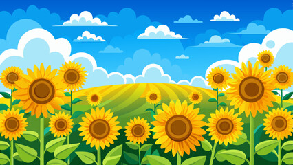 A field of sunflowers with a blue sky in the background