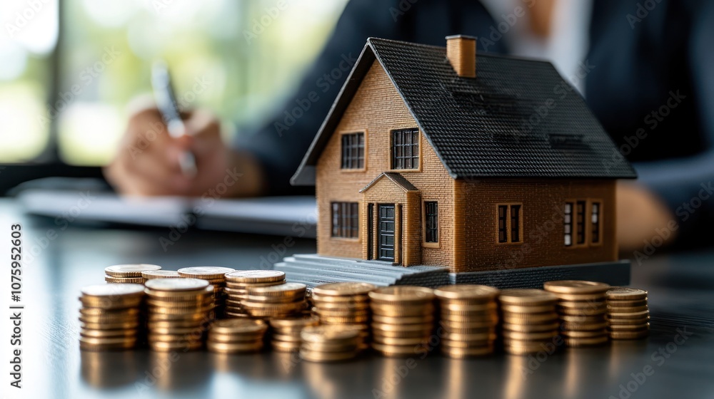 Poster a small model house sits on a table with stacks of coins in front of it. a person is seen writing in