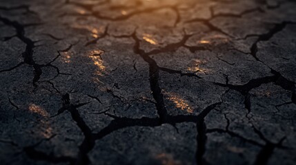 Fototapeta premium A close-up view of cracked, dry earth illuminated by soft light, suggesting drought and environmental changes.
